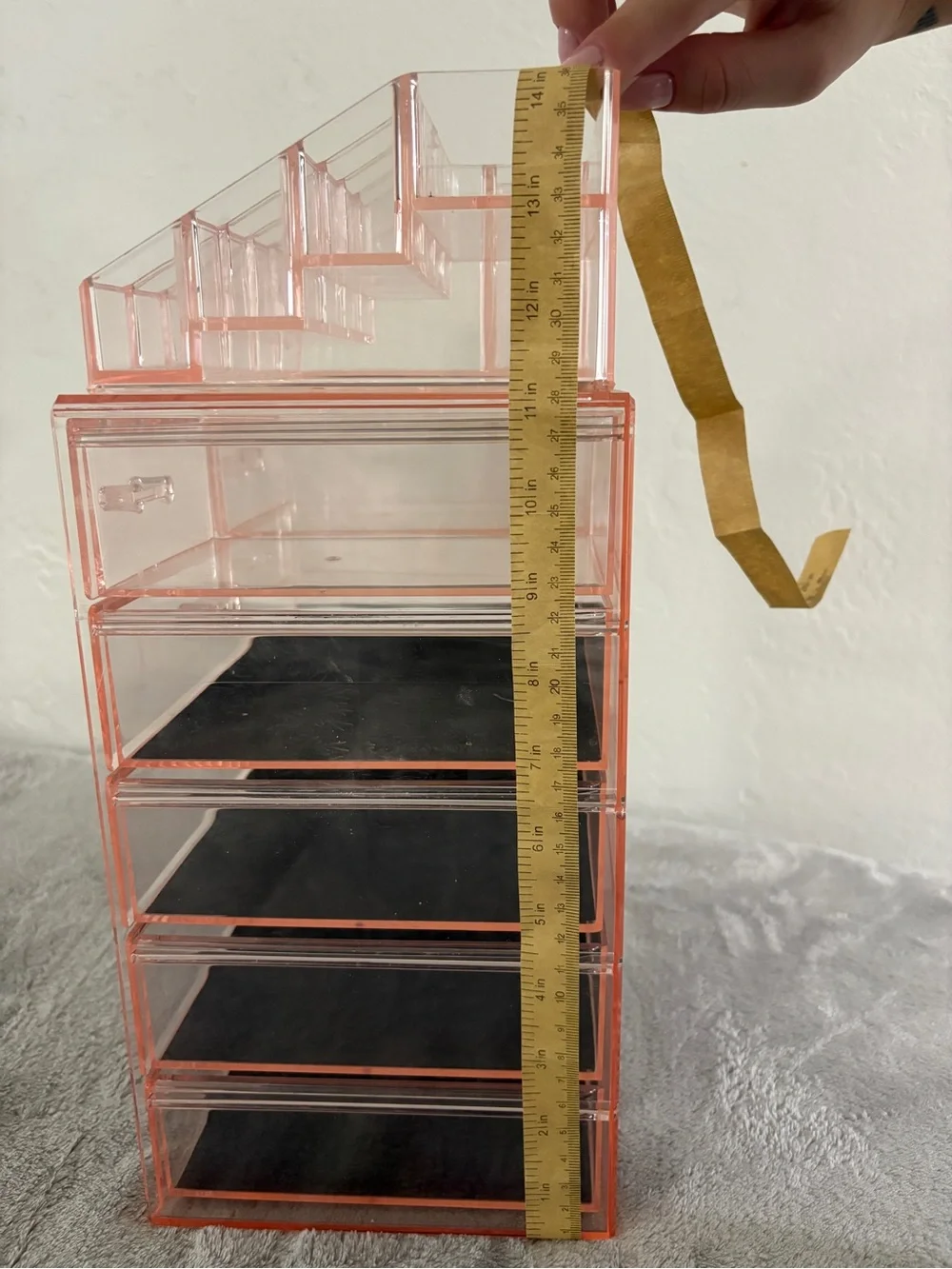 Pink Acrylic Makeup Organizer with 6 Drawers and Top Compartments